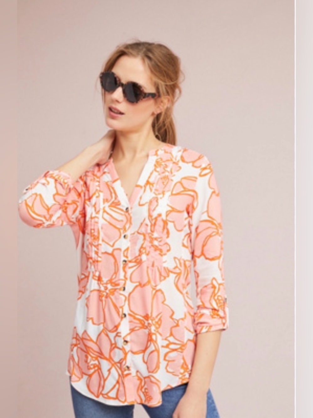 MAEVE - Anthropologie Pink and Orange Floral Button-Up Blouse